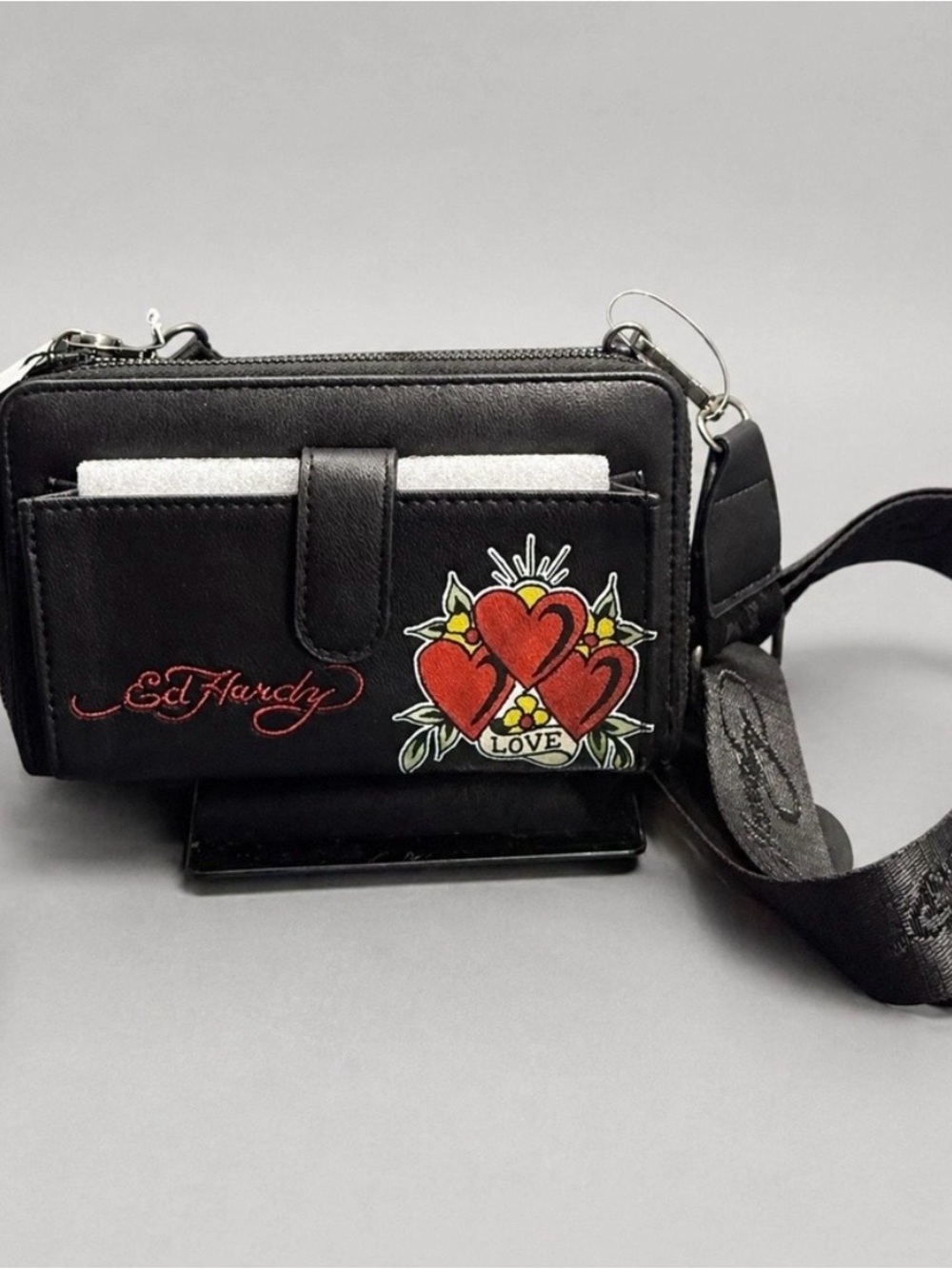 Ed Hardy Black Crossbody with Red Heart Tattoo Patch